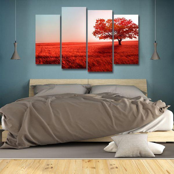 Red Tree Landscape 4 Panels Canvas Wall Art Print