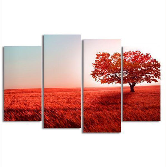 Red Tree Landscape 4 Panels Canvas Wall Art