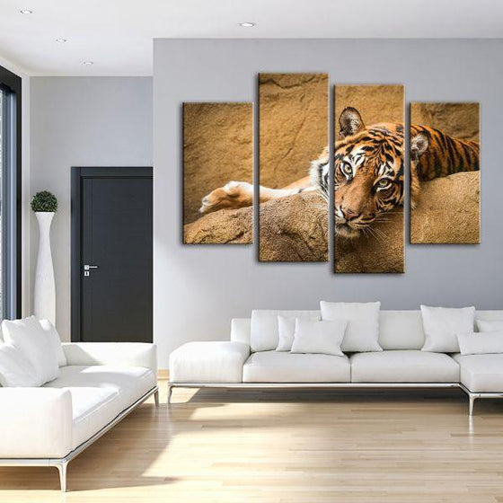 Relaxed Wild Tiger 4 Panels Canvas Wall Art Living Room