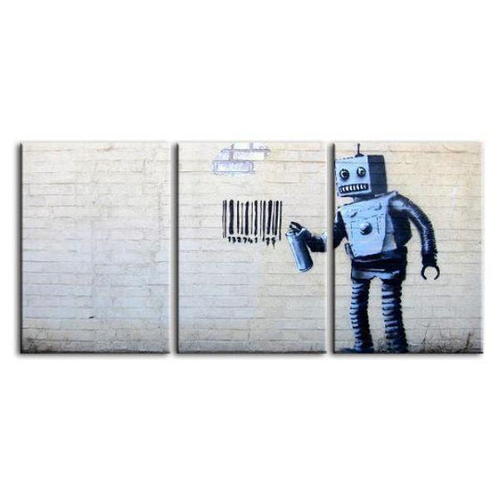 Robot Graffiti By Banksy 3 Panels Canvas Wall Art