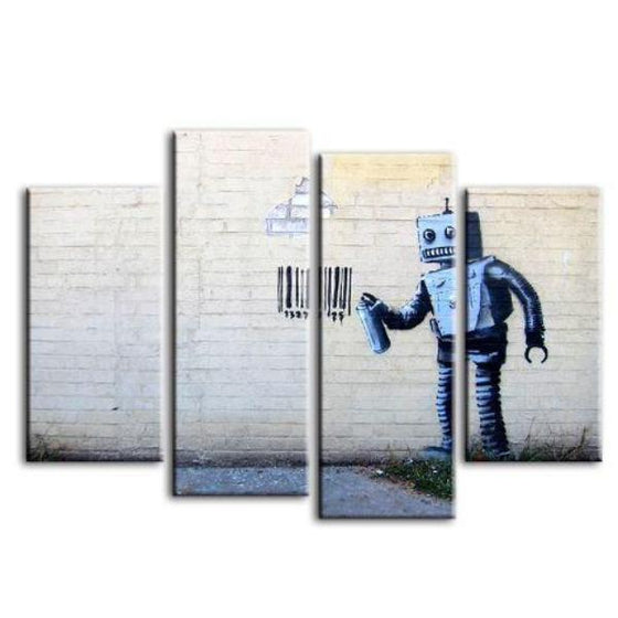 Robot Graffiti By Banksy 4 Panels Canvas Wall Art