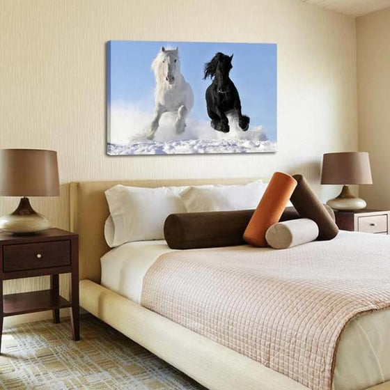 Running White & Black Horses Canvas Wall Art Bedroom