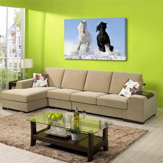 Running White & Black Horses Canvas Wall Art Ideas