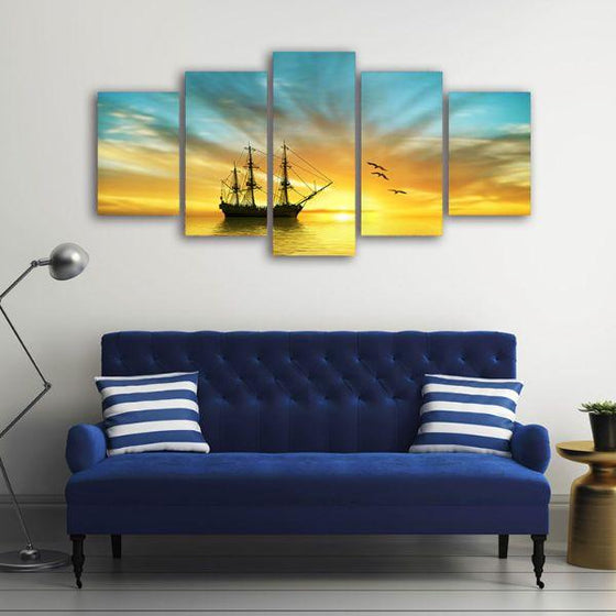 Sailboat In The Ocean 5-Panel Canvas Wall Art Decor