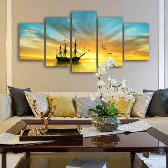 Sailboat In The Ocean 5-Panel Canvas Wall Art Living Room