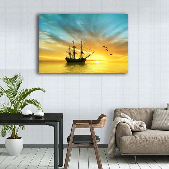 Sailing Ship & Sunrise 1 Panel Canvas Wall Art Dining Room