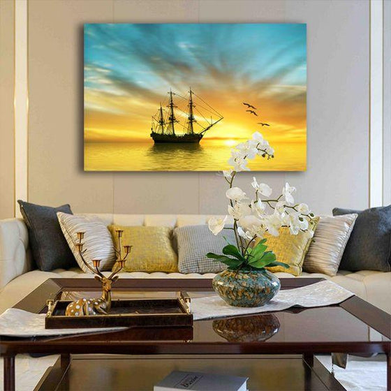 Sailing Ship & Sunrise 1 Panel Canvas Wall Art Living Room