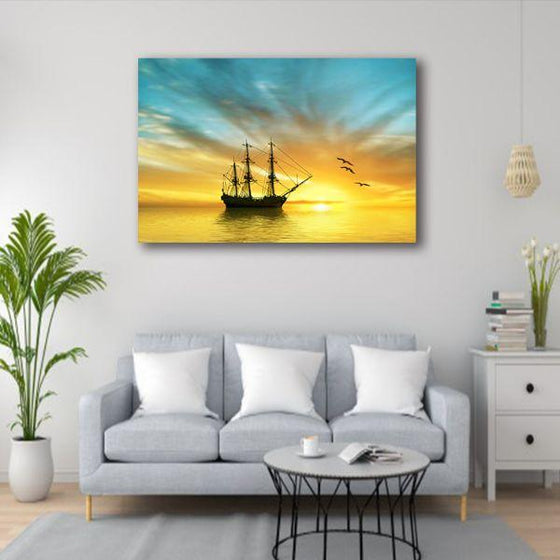 Sailing Ship & Sunrise 1 Panel Canvas Wall Art Print