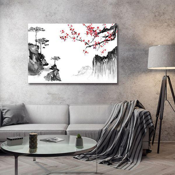 Sakura & Mountains Canvas Wall Art Living Room