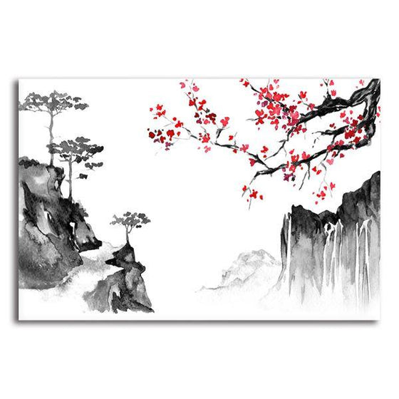Sakura & Mountains Canvas Wall Art