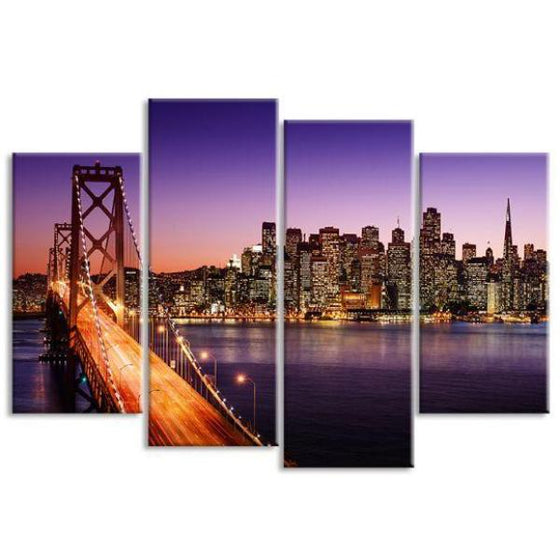 San Francisco Sunset View 4 Panels Canvas Wall Art