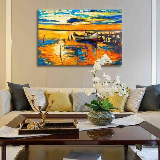 Scenic Sunrise With A Boat Wall Art Living Room