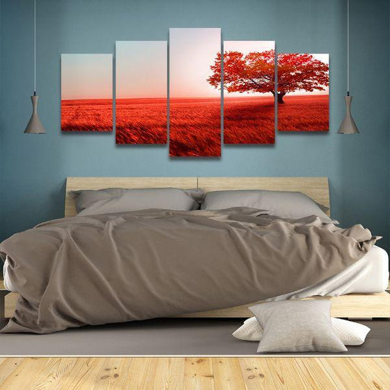 Red Tree Landscape 5 Panels Canvas Wall Art For Bedroom