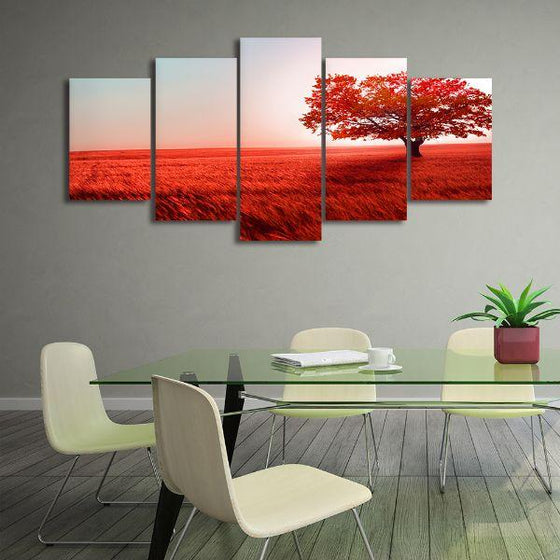 Red Tree Landscape 5 Panels Canvas Wall Art For Dining Room