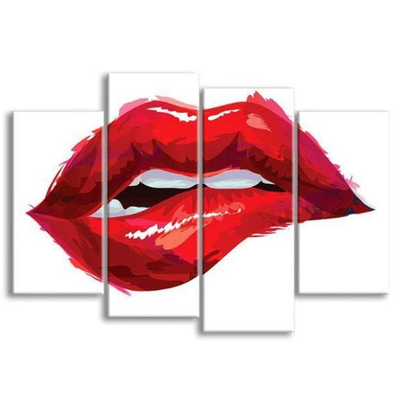 Sexy Biting Red Lips 4 Panels Canvas Wall Art