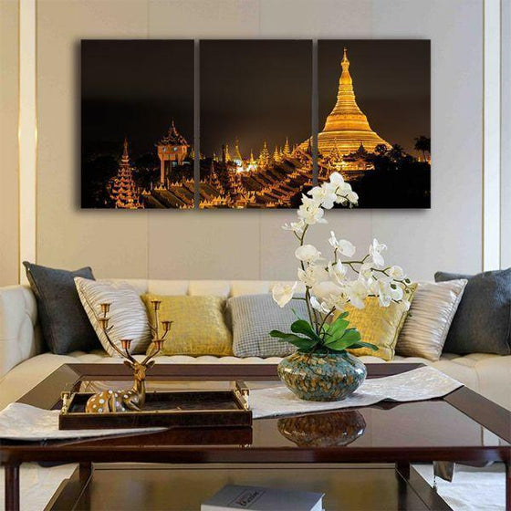 Shwedagon Pagoda View 3 Panels Canvas Wall Art Living Room