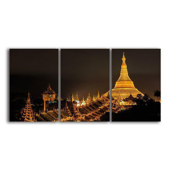 Shwedagon Pagoda View 3 Panels Canvas Wall Art