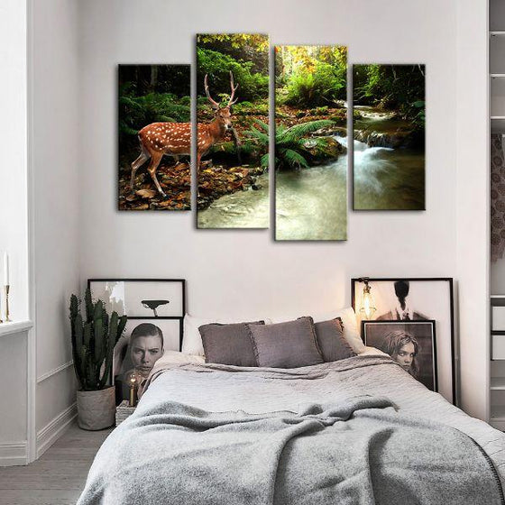 Sika Deer & Tropical Stream 4-Panel Canvas Wall Art Bedroom