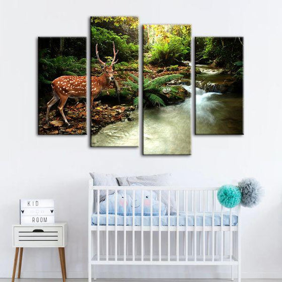 Sika Deer & Tropical Stream 4-Panel Canvas Wall Art Nursery