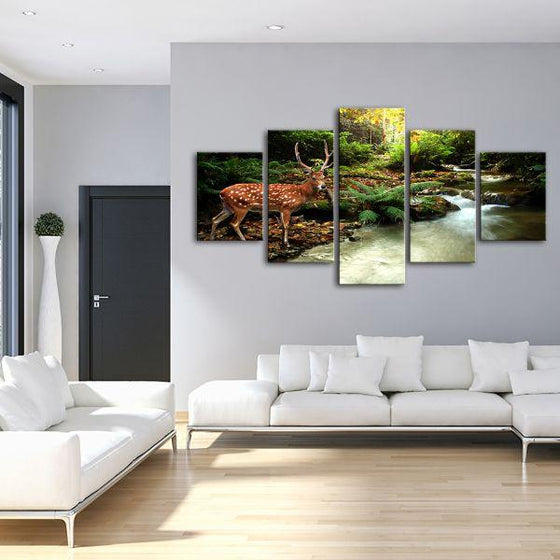 Sika Deer & Tropical Stream 5-Panel Canvas Wall Art Living Room