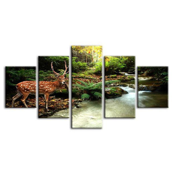 Sika Deer & Tropical Stream 5-Panel Canvas Wall Art