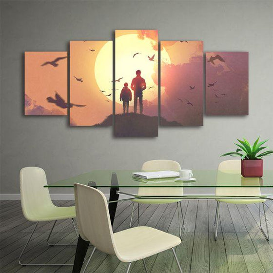 Silhouette Of Father & Son 5-Panel Canvas Wall Art Office
