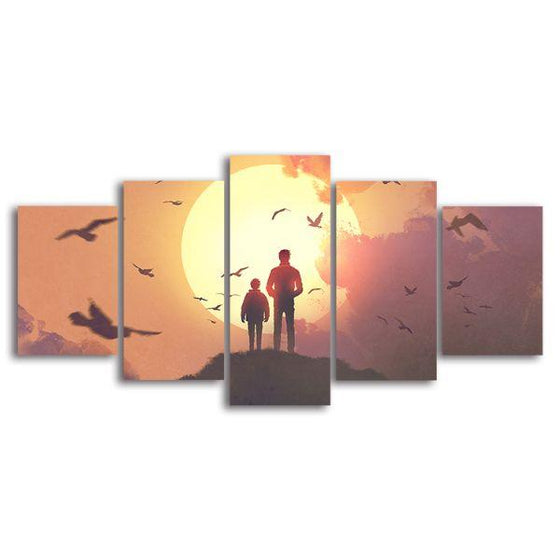 Silhouette Of Father & Son 5-Panel Canvas Wall Art