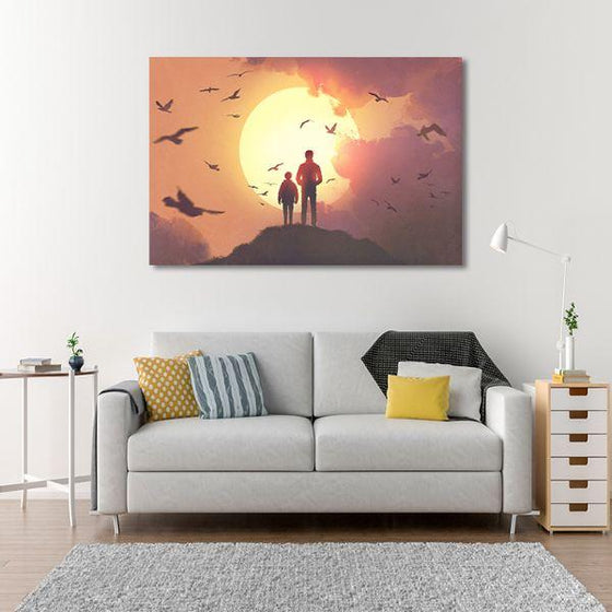 Silhouette Of Father & Son Canvas Wall Art Print