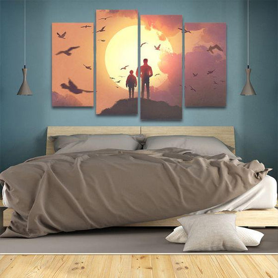 Silhouette Of Father & Son 4 Panels Canvas Wall Art Bedroom