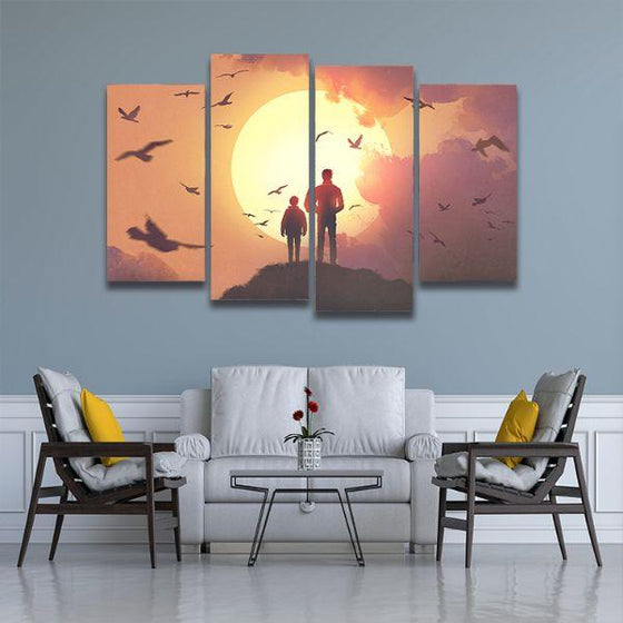 Silhouette Of Father & Son 4 Panels Canvas Wall Art Living Room