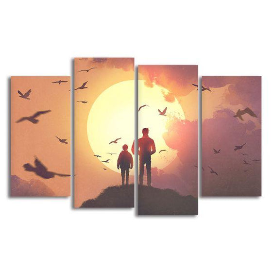 Silhouette Of Father & Son 4 Panels Canvas Wall Art