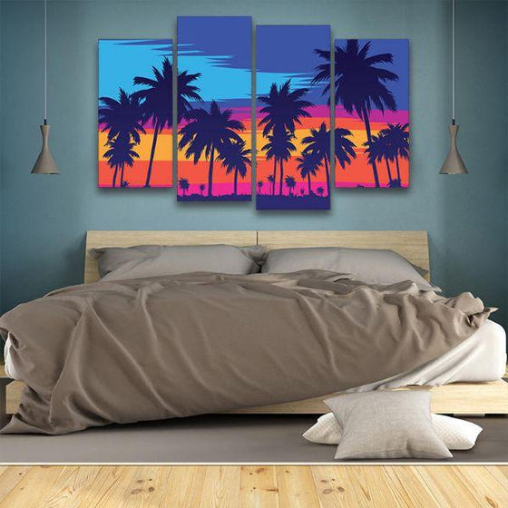 Palm Trees Silhouette 4 Panels Canvas Wall Art Bedroom