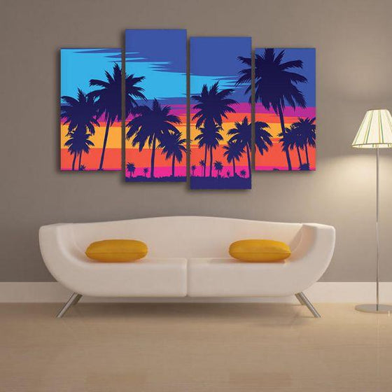 Palm Trees Silhouette 4 Panels Canvas Wall Art Decor