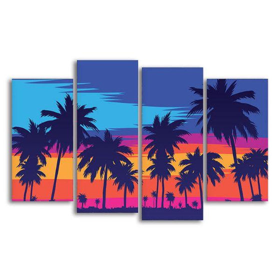 Palm Trees Silhouette 4 Panels Canvas Wall Art
