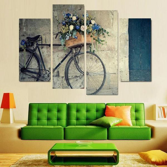 Flowers In A Bike Basket Canvas Wall Art Living Room