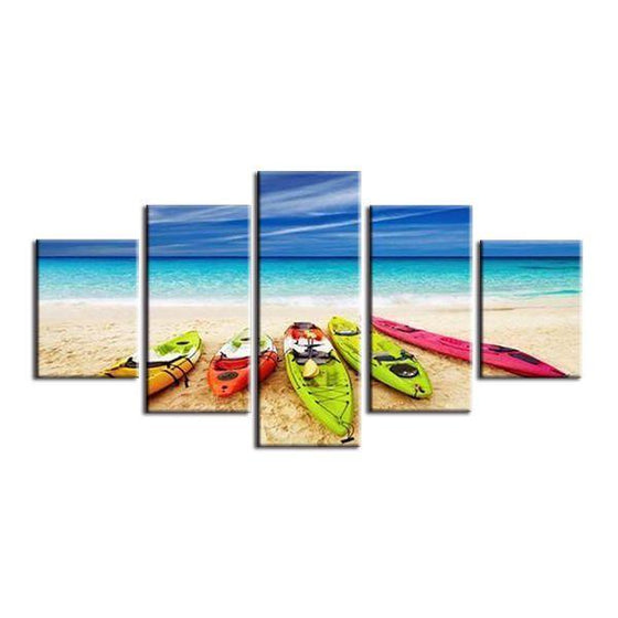 Beach With Kayaks View Canvas Wall Art