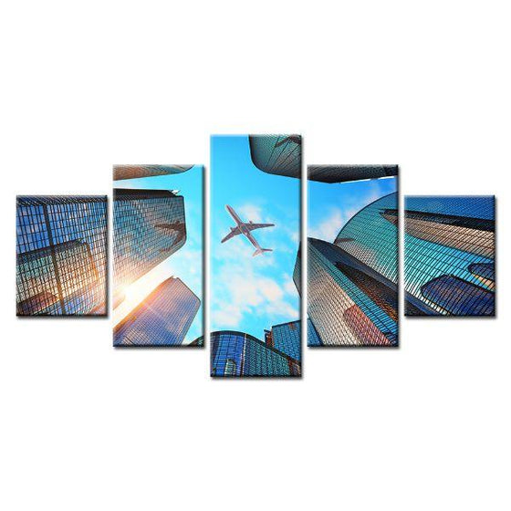 Sky Scrapers & Airplane Canvas Wall Art