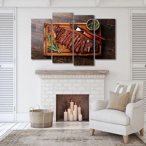 Sliced Grilled Meat Steak 4 Panels Canvas Wall Art Print