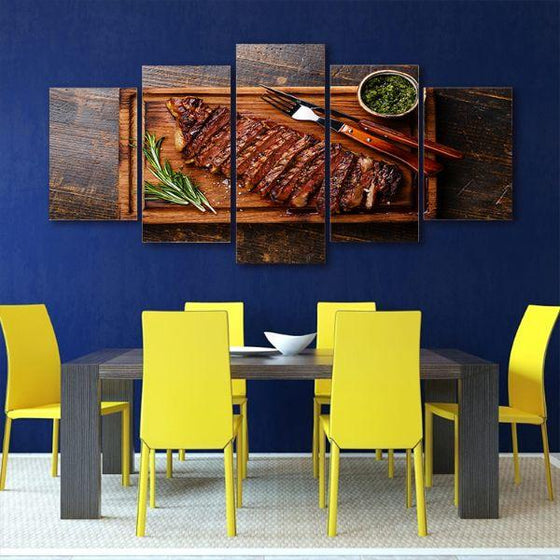 Sliced Grilled Steak 5 Panels Canvas Wall Art Dining Room