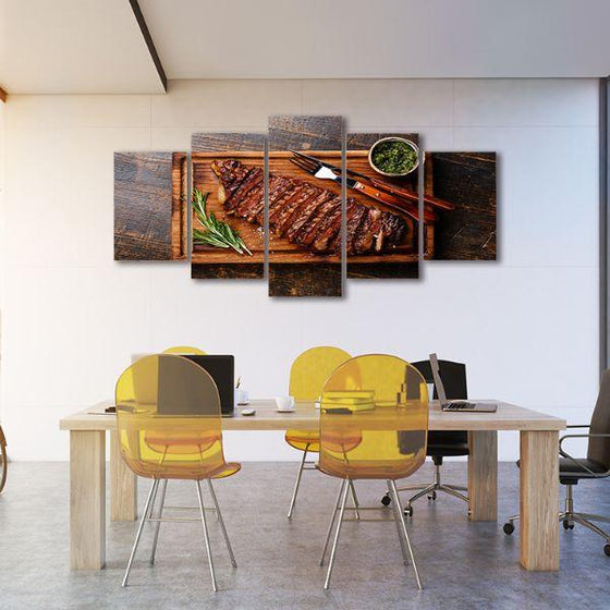 Sliced Grilled Steak 5 Panels Canvas Wall Art Office