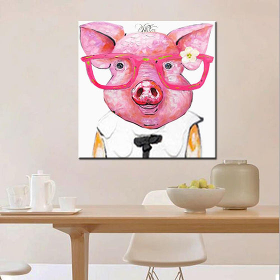 Hand Painted Smart Lady Pig Canvas Art