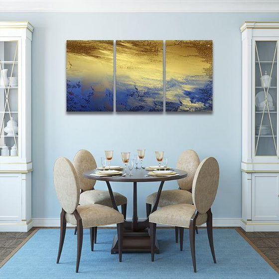 Splashes Of Blue & Gold 3 Panels Canvas Wall Art Dining Room
