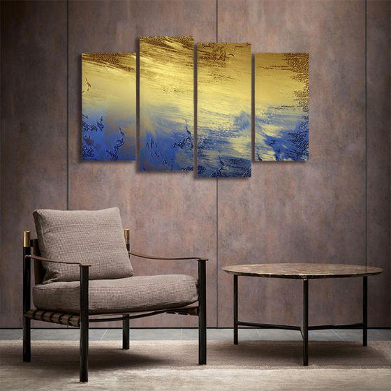 Splashes Of Blue & Gold 4 Panels Canvas Wall Art Decor