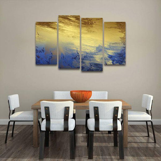 Splashes Of Blue & Gold 4 Panels Canvas Wall Art Dining Room