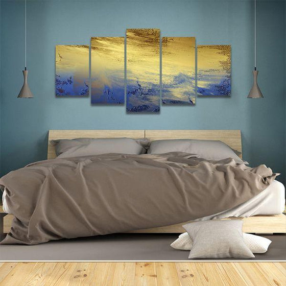 Splashes Of Blue Gold 5 Panels Canvas Wall Art Bedroom