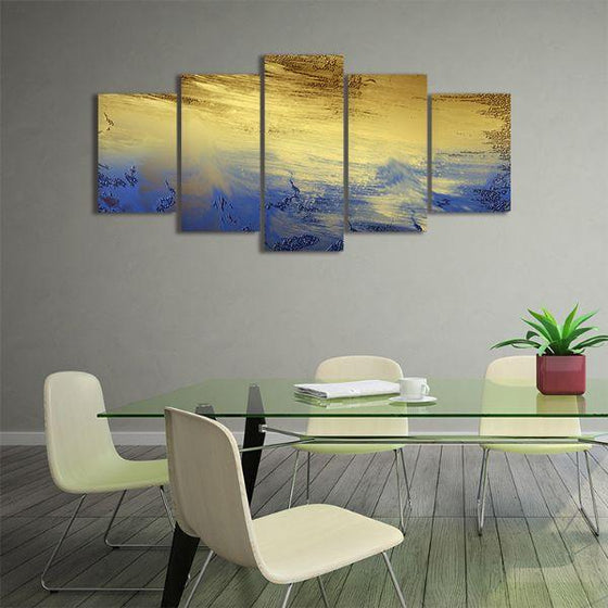 Splashes Of Blue Gold 5 Panels Canvas Wall Art Office