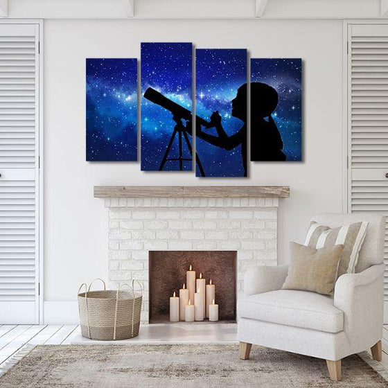 Stargazing Kid Galaxy 4 Panels Canvas Wall Art Decor