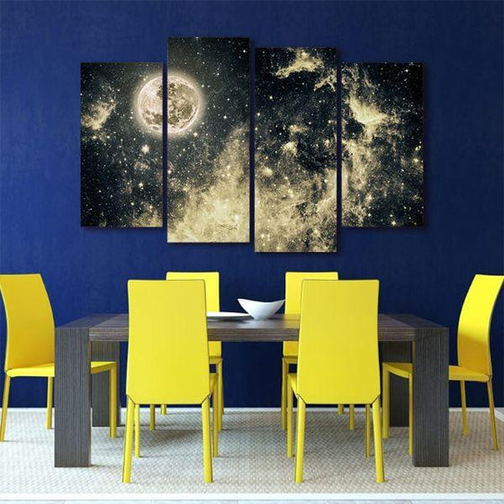 Starry Full Moon View 4 Panels Canvas Wall Art Dining Room