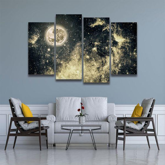 Starry Full Moon View 4 Panels Canvas Wall Art Living Room