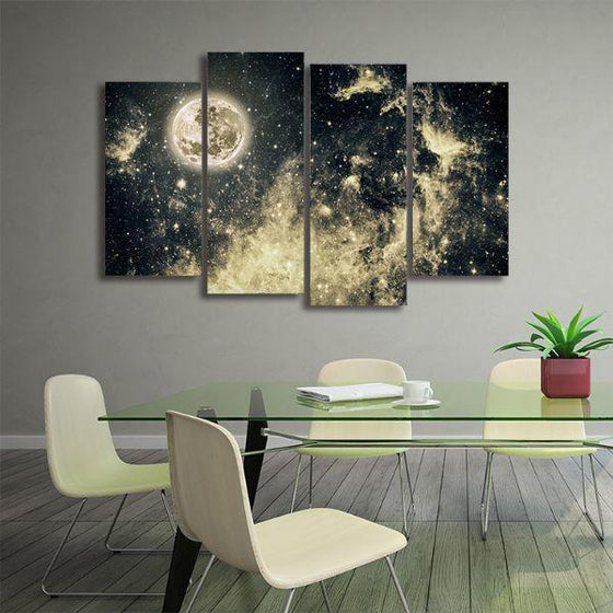 Starry Full Moon View 4 Panels Canvas Wall Art Office